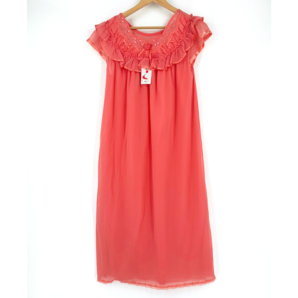 VTG 70s Long Nightgown Small? Pink Sheer Ruffle Coquette Feminine Retro Romantic